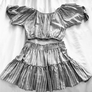 Eberjey off the shoulder, crop top and miniskirt, grey and white stripes.